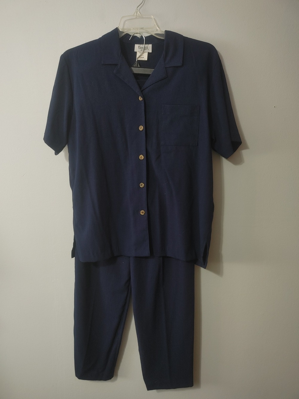 Teddi Dark Navy Button-Up Blouse Sz M W/ Elastic Pant Sz 16